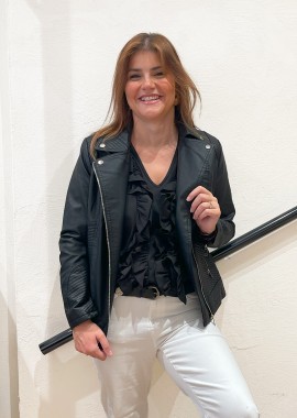 Leather-like biker μπουφάν σε μαύρο χρώμα