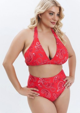 Bikini-top με λαχούρ και δέσιμο στο λαιμό σε κόκκινο χρώμα