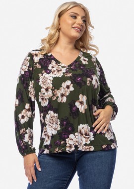 Εμπριμέ μπλούζα με κορδόνι στο τελείωμα σε λαδί χρώμα