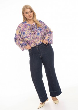 Μπλούζα με βολάν και δέσιμο floral σε μωβ/κίτρινο χρώμα plus size