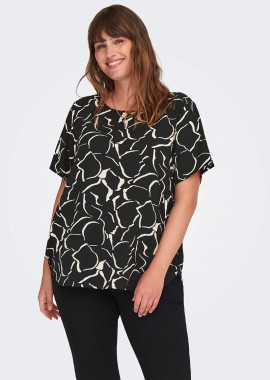 Εμπριμέ μπλούζα με κοντά μανίκια σε μαύρο/εκρού χρώμα