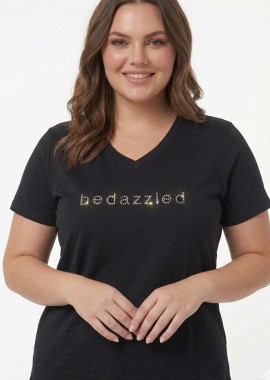 Μπλούζα με στρας τύπωμα Bedazzled σε μαύρο χρώμα plus size