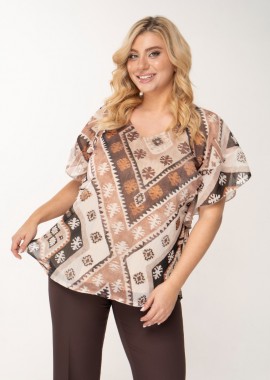 Μπλούζα lurex με Aztec print μπεζ/καφέ χρώμα plus size