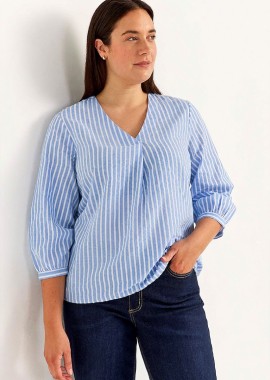 Μπλούζα με πιέτα σε ριγέ σιελ/λευκό χρώμα plus size