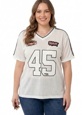 Μπλούζα δίχτυ με patch 45 σε λευκό χρώμα plus size