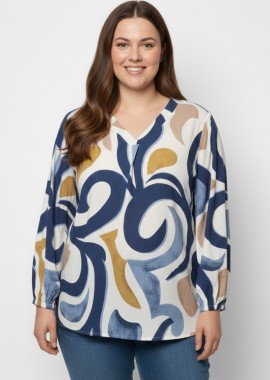 Εμπριμέ μπλούζα με V λαιμόκοψη σε λευκό, μπλε και μουσταρδί χρώμα