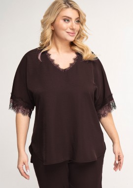 Μπλούζα με λεπτή δαντέλα σε καφέ χρώμα