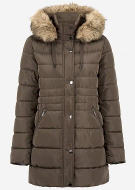 Μπουφάν με γούνα στην κουκούλα σε καφέ χρώμα