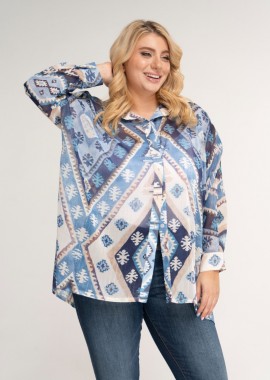 Πουκάμισο lurex με Aztec print εκρού/μπλε χρώμα plus size