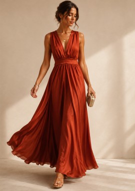 PerfectDress.gr - βραδινό σατέν maxi φόρεμα Aurora κεραμιδί