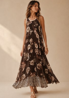 PerfectDress.gr - boho chic πλισέ σατέν maxi φόρεμα floral Sienna καφέ