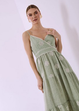 Φόρεμα μάξι κρουαζέ με λινό SQ7578.8614+2