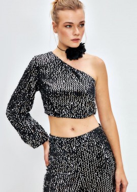 SOU - Aurora γυναικείο crop top με έναν ώμο από παγιέτες γκρι