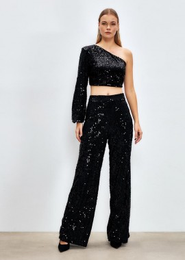 Aurora γυναικείο crop top με έναν ώμο από παγιέτες μαύρο