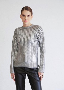 Dalia γυναίκεια πλεκτη γκρι μπλούζα με στρογγυλη λαιμοκοψη