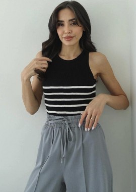 LARA γυναικεία αμάνικη μπλούζα μαύρο με άσπρες ριγες