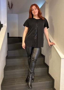 SOU - POLINA γυναικεία bigsize κοντομάνικη μπλούζα με παγιετα στη μεση