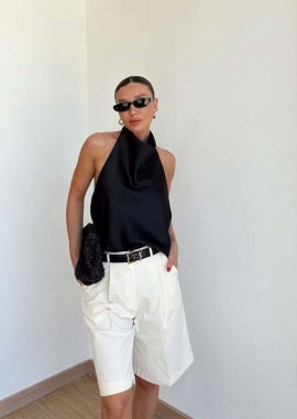 SOU - FAME γυναικείο μαύρο σατέν τοπ
