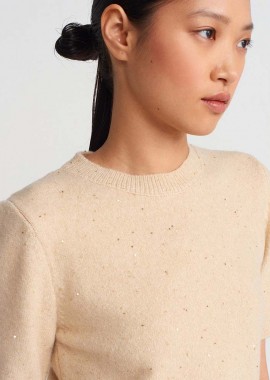 POPI γυναικεία πλεκτή μπλούζα κοντομάνικη με μικρές παγιετες μπεζ