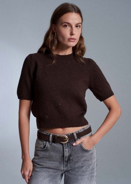 POPI γυναικεία πλεκτή μπλούζα κοντομάνικη με μικρές παγιετες καφε