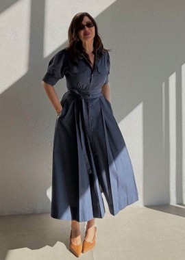 MASSIMO γυναικείο μιντι φόρεμα με ζώνη σκουρο μπλε