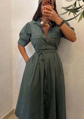 SOU - MASSIMO γυναικείο μιντι φόρεμα με ζώνη πρασινο