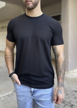 Ανδρική μαύρη κοντομάνικη μπλούζα με ανάγλυφο ύφασμα R250334