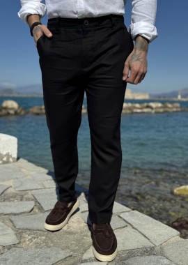 Ανδρικό μαύρο λινό υφασμάτινο παντελόνι με λάστιχο στην μέση JR0022M