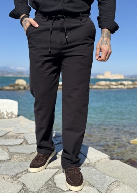 Ανδρικό υφασμάτινο μαύρο παντελόνι με κορδόνι και κουμπί FCL6700M