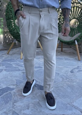 Ανδρικό μπεζ υφασμάτινο παντελόνι με πιέτες και φάσα στην μέση FCL00395B