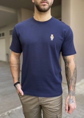 Ανδρικό βαμβακερό μπλε T-shirt με ανάγλυφο ύφασμα και στάμπα στο στήθος TPM1069B