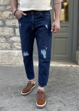 Ανδρικό σκούρο μπλε boyfriend τζιν πεντάτσεπο με σκισίματα 60236
