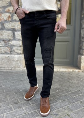 Ανδρικό μαύρο τζιν παντελόνι με φθορές Slim Fit 50825