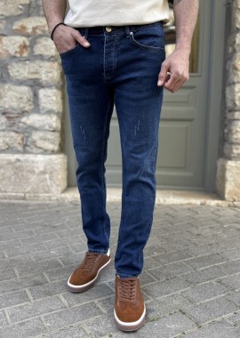Ανδρικό μπλε τζιν παντελόνι με φθορές Slim Fit 51092