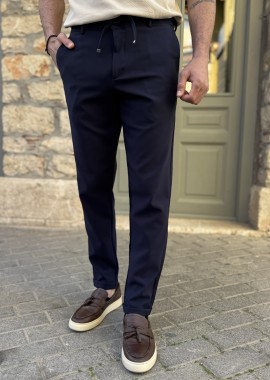 Ανδρικό υφασμάτινο μπλε παντελόνι με κορδόνι και κουμπί FCL5785N