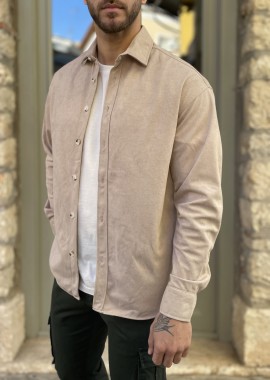 Ανδρικό μπεζ κοτλέ Overshirt με γιακά RMZ470B