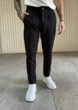 Ανδρικό υφασμάτινο μαύρο παντελόνι με λάστιχο και κουμπί FCL24095Μ