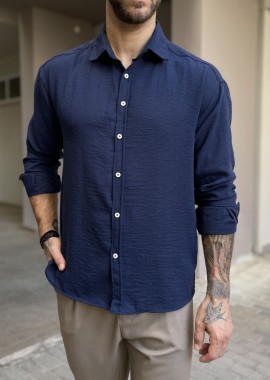 Ανδρικό μπλε γκοφρέ Overshirt με γιακά RMZ579N