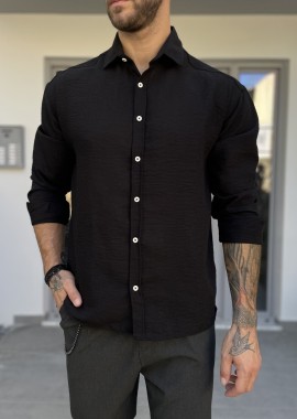 Ανδρικό μαύρο γκοφρέ Overshirt με γιακά RMZ579M