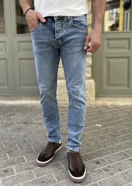 Ανδρικό μπλε χλώριο πεντάτσεπο τζιν παντελόνι ίσιο με κουμπιά 3LN1104