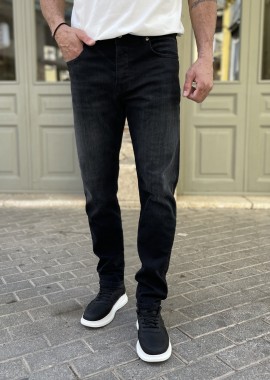 Ανδρικό μαύρο ξεβαμμένο πεντάτσεπο τζιν παντελόνι ίσιο με κουμπιά 3LN2022