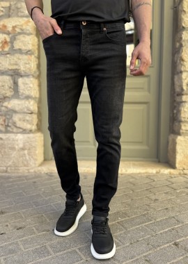 Ανδρικό Slim μαύρο ξεβαμμένο τζιν παντελόνι πεντάτσεπο με κουμπιά 3LN513