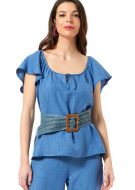 ΜΠΛΕ ΜΠΛΟΥΖΑ LINEN-LOOK ΜΕ ΣΟΥΡΑ ΣΤΗΝ ΛΑΙΜΟΚΟΨΗ