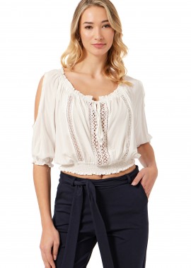 ΕΚΡΟΥ CROP TOP ΜΕ ΑΝΟΙΓΜΑ ΣΤΟΥΣ ΩΜΟΥΣ ΚΑΙ ΔΑΝΤΕΛΑ