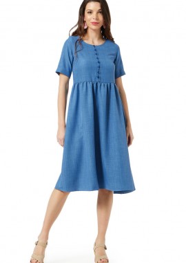 Anna Raxevsky - ΜΠΛΕ INDIGO LINEN-LOOK ΦΟΡΕΜΑ ΜΕ ΚΟΥΜΠΙΑ
