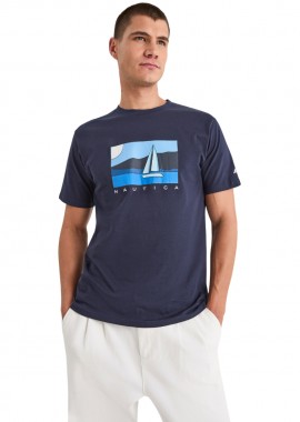 NAUTICA - ΑΝΔΡΙΚΟ T-SHIRT NAUTICA ΚΟΝΤΟΜΑΝΙΚΟ ΜΕ ΤΥΠΩΜΑ ΣΚΟΥΡΟ ΜΠΛΕ