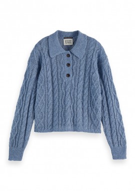 ΓΥΝΑΙΚΕΙΟ ΠΟΥΛΟΒΕΡ CABLE STITCH POLO NECK PULLOVER SCOTCH & SODA ΚΑΝΟΝΙΚΗ ΓΡΑΜΜΗ ΜΠΛΕ