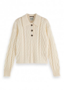 ΓΥΝΑΙΚΕΙΟ ΠΟΥΛΟΒΕΡ CABLE STITCH POLO NECK PULLOVER SCOTCH & SODA ΚΑΝΟΝΙΚΗ ΓΡΑΜΜΗ ΕΚΡΟΥ