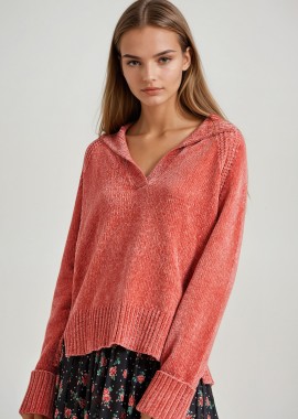 V-neck σενίλ πουλόβερ με δίπλωμα στα μανίκια