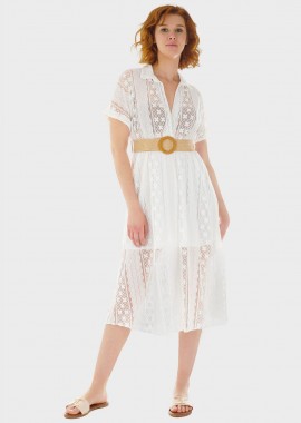 Γυναικείο boho φόρεμα ελαστική δαντέλα κοντό μανίκι κρουαζέ στήθος ΛΕΥΚΟ